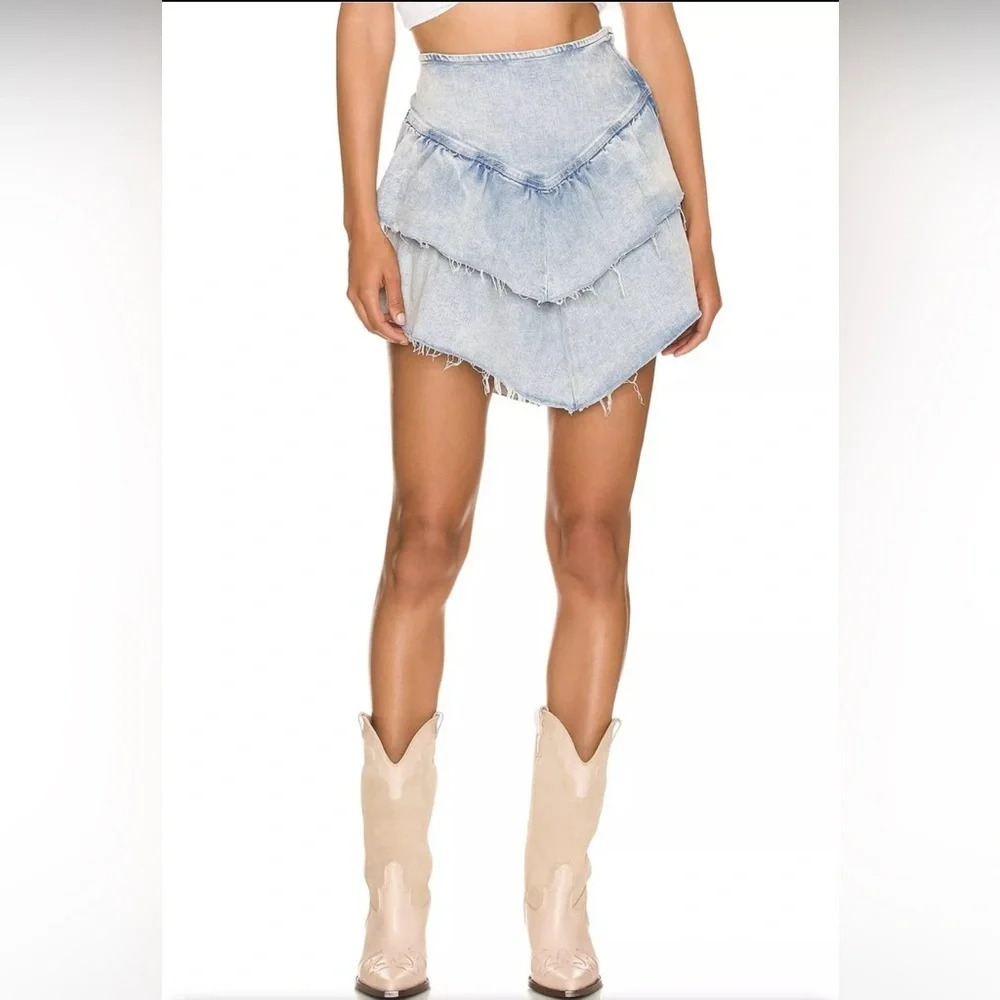 MOTHER Light Wash Layered Denim Mini Skirt